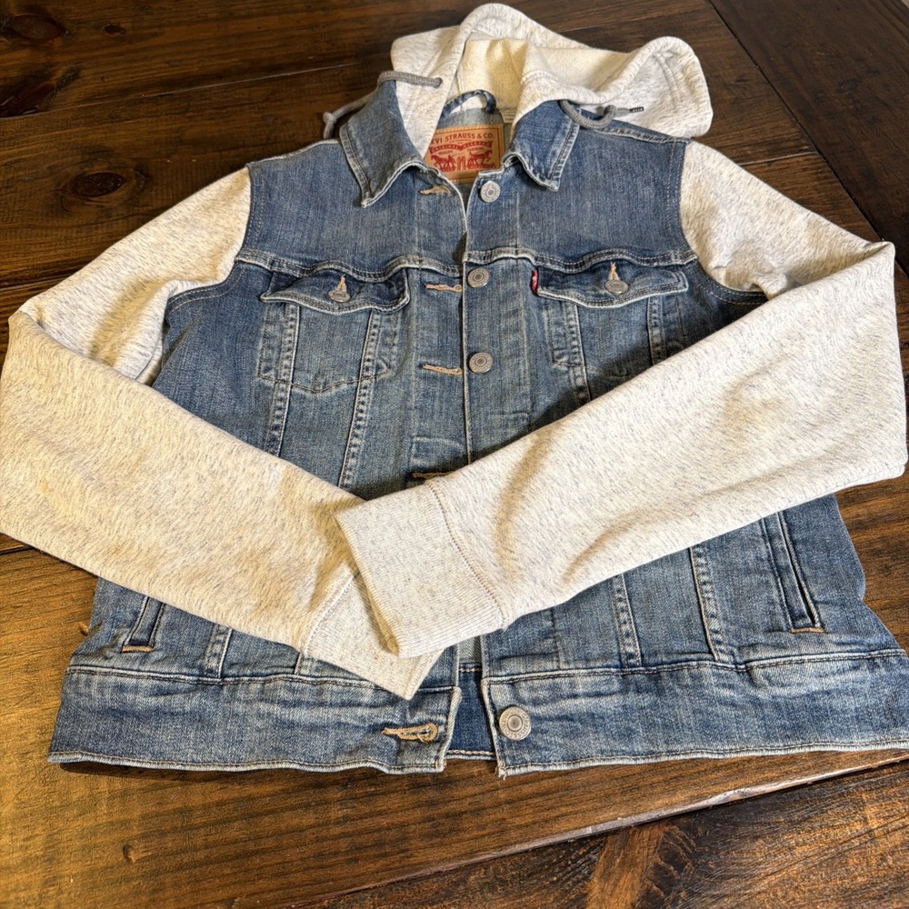 Levi's Women's Small Hooded Denim Trucker Jacket Gray Sweatshirt Sleeves